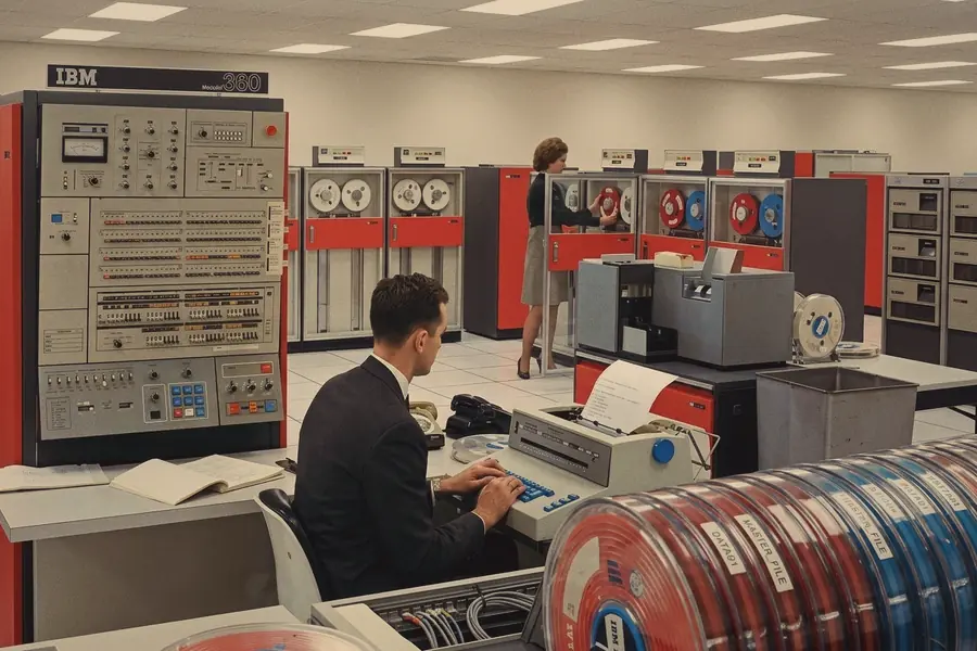Salle informatique IBM System/360 dans les années 60, avec un opérateur à la console et des bandes magnétiques